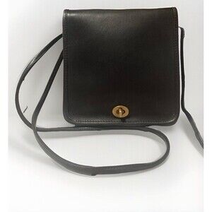 Coach Vintage Compact Pouch Black/Brass Leather Turn Lock Crossbody Bag Women